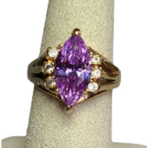 Vintage ring, Goldtone, open, Raised, Purple Marquis, Crystal accents, Size 7